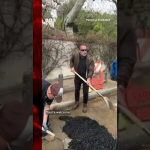 Arnold Schwarzenegger terminates giant pothole. #Shorts #California #BBCNews