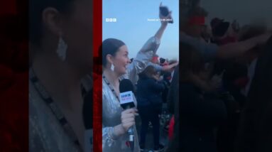Fans go Cha cha cha crazy for Finland in the Eurovision fan zone #Shorts #Eurovision #BBCNews