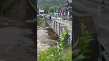 Floodwaters in Norway sent mobile homes crashing into a bridge. #Shorts #Norway #BBCNews