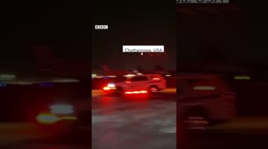 Moment sparks fly after US plane skids across runway. #Shorts #Aviation #Tennessee #BBCNews