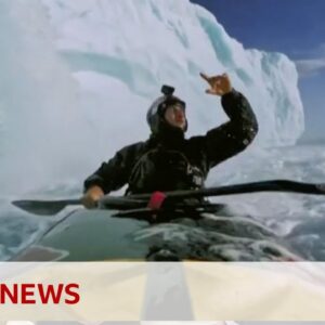 Kayaker's breathtaking 20m drop down ice waterfall in Norway | BBC News