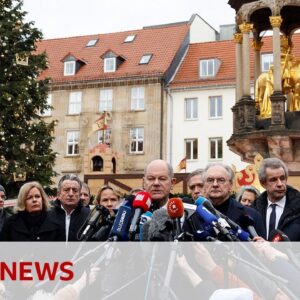 Germany's Chancellor Olaf Scholz speaks to crowds after Magdeburg Christmas market attack | BBC News