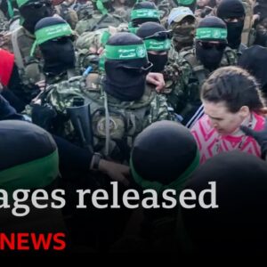 Hamas gunmen release 3 hostages in show of force as ceasefire begins | BBC News