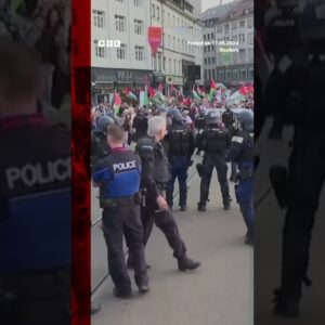 Pro-Palestinian demonstrators gathered in Basel ahead of Eurovision. #BBCNews