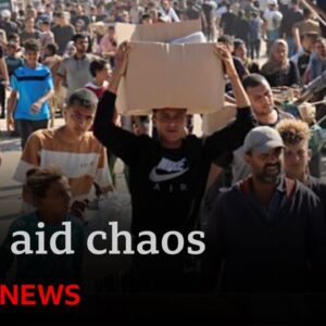 Desperate Palestinians overrun controversial food distribution centre in Gaza | BBC News