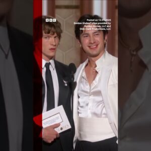 Heated Rivalry stars presented the award for best supporting actress. #BBCNews #GoldenGlobes