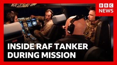 Inside RAF refuelling tanker during mission against Iranian drones | BBC News