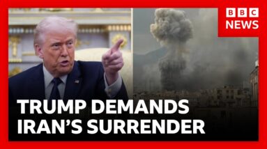 Trump tells Iran to surrender claiming its airforce and navy are "gone" | BBC News