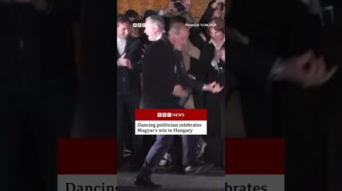 Politician Zsolt Hegedus celebrates his party's win in Hungary election.  #PeterMagyar #BBCNews