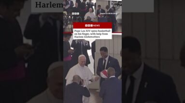 Pope Leo XIV spins basketball on his finger, with help from Harlem Globetrotters. #BBCNews