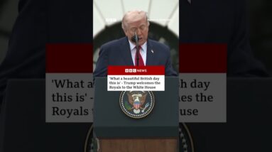 President Trump jokes about rainy conditions in Washington, DC as he welcomes the royals. #BBCNews