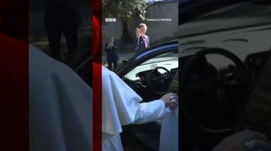 Pope Leo inspects Ferarri's first fully electric car. #italy  #Pope #Ferrari #BBCNews
