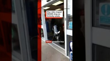 Man rides a moped inside a shop in Grimsby. #Lincolnshire #Grimsby #Moped #BBCNews