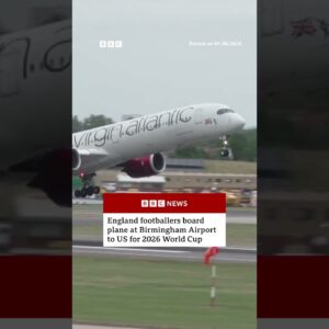 England footballers board plane at Birmingham Airport to US for 2026 World Cup. #BBCNews