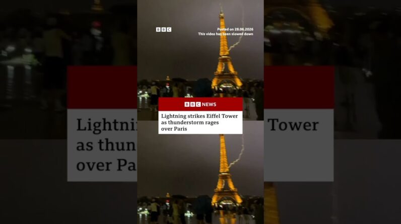 Lightning strikes Eiffel Tower as thunderstorm rages over Paris. #EiffelTower #Paris #BBCNews