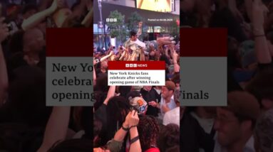 New York Knicks fans celebrate after winning opening game of NBA Finals. #BBCNews