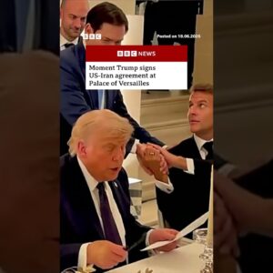 Moment Trump signs US-Iran agreement at Palace of Versailles #BBCNews