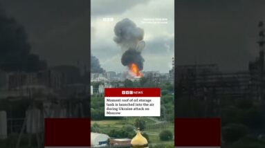 Oil storage tank's roof launched into the air during Ukrainian attack on Moscow #BBCNews