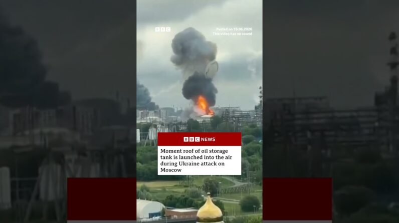 Oil storage tank's roof launched into the air during Ukrainian attack on Moscow #BBCNews