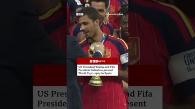Donald Trump and Fifa president present World Cup trophy to Spain. #WorldCup #BBCNews