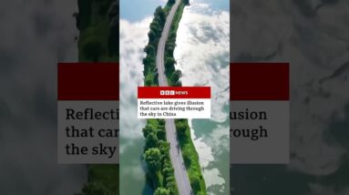 Reflective lake gives illusion that cars are driving through the sky in China. #BBCNews