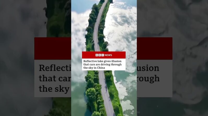 Reflective lake gives illusion that cars are driving through the sky in China. #BBCNews