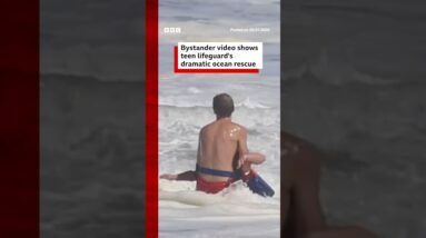 Bystander video shows teen lifeguard's dramatic ocean rescue. #BBCNews