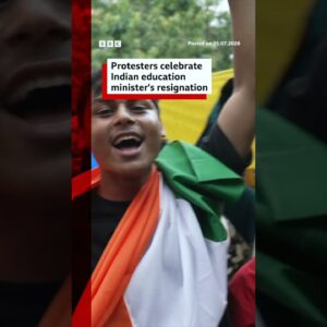 Protesters celebrate Indian education minister's resignation. #BBCNews