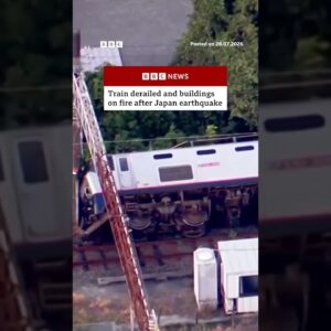Train derailed and buildings on fire after Japan earthquake. #BBCNews