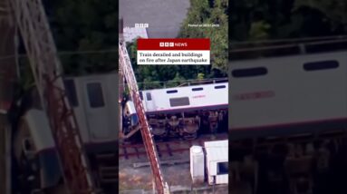 Train derailed and buildings on fire after Japan earthquake. #BBCNews