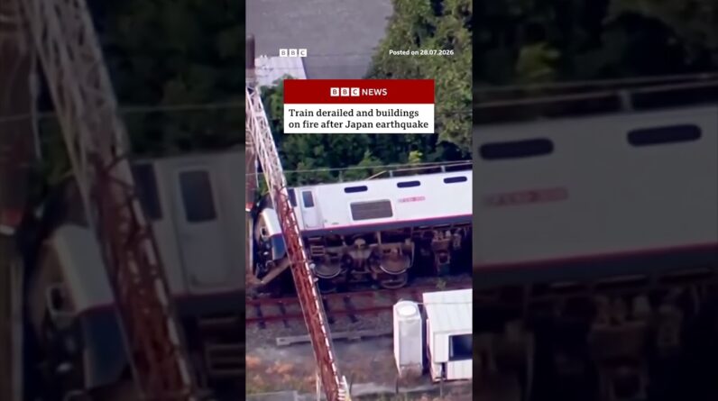 Train derailed and buildings on fire after Japan earthquake. #BBCNews