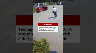 Teenager captured on CCTV stops runaway car with elderly passengers inside. #BBCNews