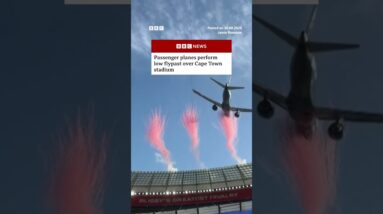 Passenger planes perform low flypast over Cape Town stadium. #SouthAfrica #DHLStadium #BBCNews