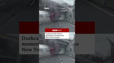 Dashcam video shows moment lorry slams into New York overpass. #NewYork #Dashcam #BBCNews