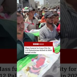 Mass funeral in Gaza for 112 Palestinians killed in 2023 Israeli strike. #BBCNews