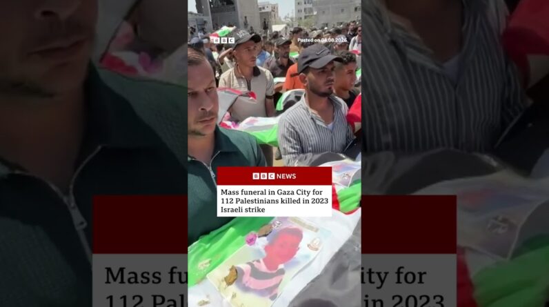 Mass funeral in Gaza for 112 Palestinians killed in 2023 Israeli strike. #BBCNews