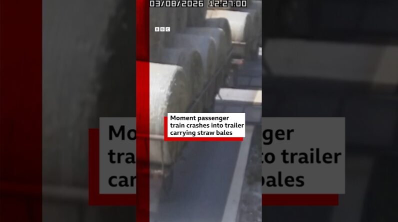 Moment passenger train crashes into trailer carrying straw bales. #Poland #BBCNews