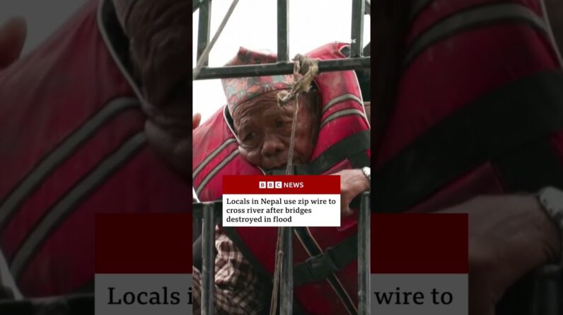 Nepali authorities build makeshift zip wire to help stranded locals across river. #Nepal #BBCNews