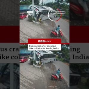 Bus crashes after avoiding bike collision in Kerala, India. #BBCNews