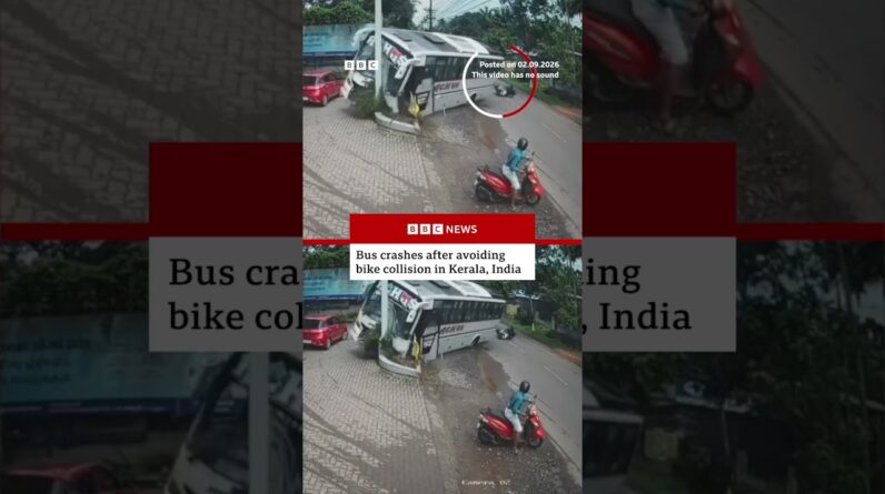 Bus crashes after avoiding bike collision in Kerala, India. #BBCNews