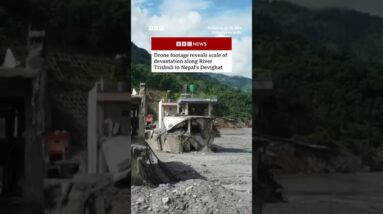 Drone footage shows flood devastation in Devighat, Nepal. #Nepal #Tibet #Flood #BBCNews