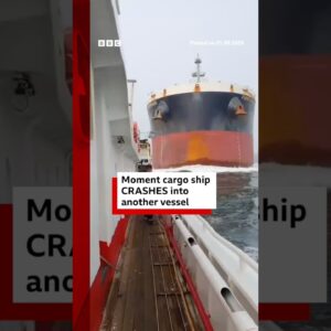 Moment a cargo ship crashes into another vessel near Singapore. #BBCNews