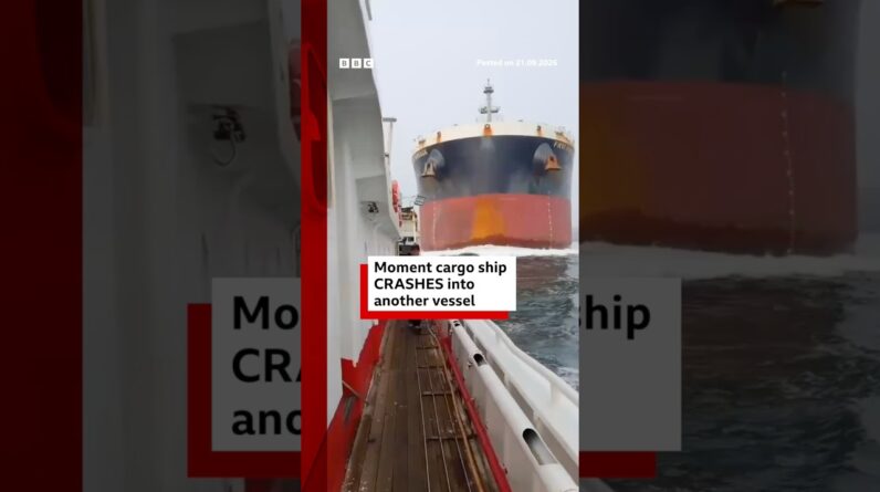 Moment a cargo ship crashes into another vessel near Singapore. #BBCNews