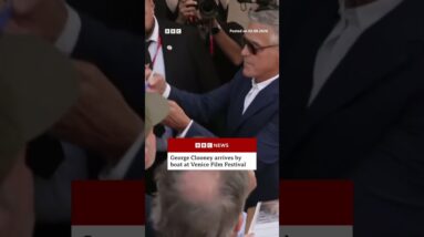 George Clooney arrives by boat at Venice Film Festival. #Showbiz #CelebNews #BBCNews
