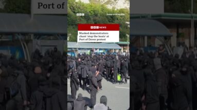 Masked demonstrators chant 'stop the boats' at Port of Dover protest. #England #BBCNews