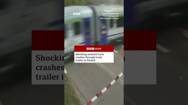 Moment train crashes through truck trailer in Poland caught on CCTV. #BBCNews