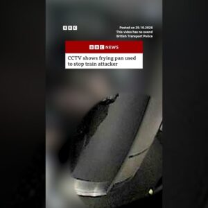 CCTV shows frying pan used to stop train attacker. #BBCNews