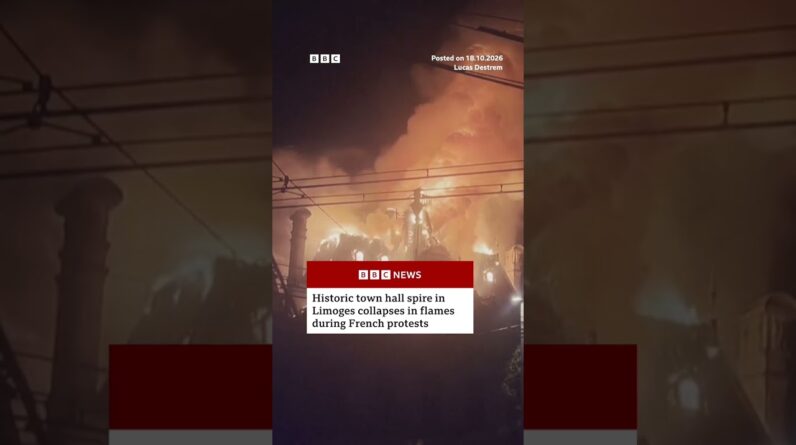 French town hall spire collapses in flames amidst protests #France #Protests #BBCNews