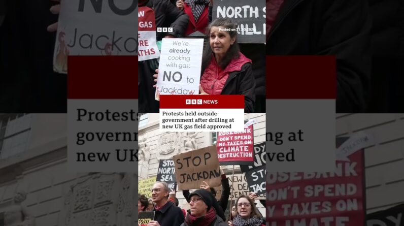 Protesters gather outside UK government building after Jackdaw oil field approved. #Jackdaw #BBCNews