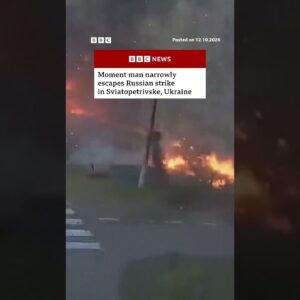Moment man narrowly escapes Russian strike in Sviatopetrivske, Ukraine. #BBCNews